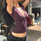 Y2K Französisches Spitzenbesatz-T-Shirt für Damen, Kurzarm, Tiefer V-Ausschnitt, Crop-Top mit Schnürung, Vintage Casual Slim Fit Tee, Streetwear T-Shirt