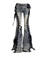 Low Rise Laced Split Bootcut Hosen Frauen Jeans Tun Alte Sexy Dünne Aushöhlen Schlaghosen Retro Y2k Streetwear Ästhetik