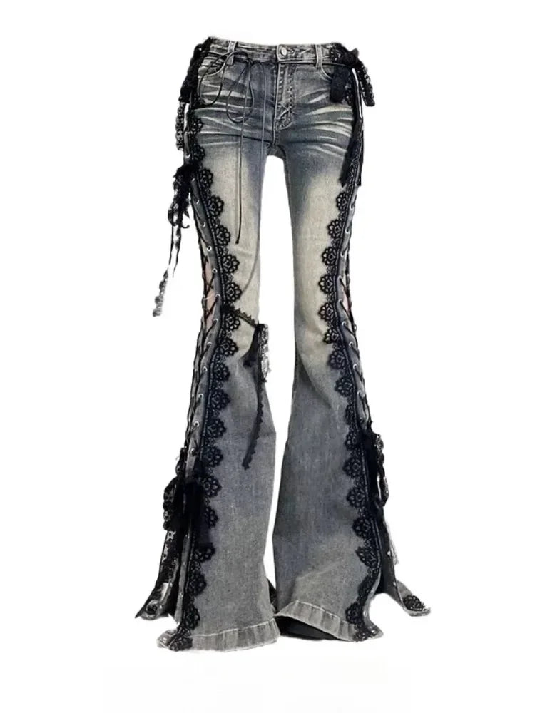 Low Rise Laced Split Bootcut Hosen Frauen Jeans Tun Alte Sexy Dünne Aushöhlen Schlaghosen Retro Y2k Streetwear Ästhetik