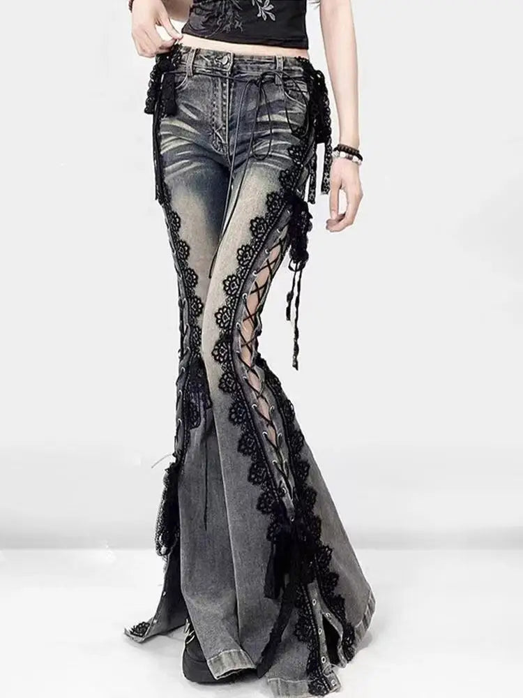 Low Rise Laced Split Bootcut Hosen Frauen Jeans Tun Alte Sexy Dünne Aushöhlen Schlaghosen Retro Y2k Streetwear Ästhetik