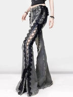 Low Rise Laced Split Bootcut Hosen Frauen Jeans Tun Alte Sexy Dünne Aushöhlen Schlaghosen Retro Y2k Streetwear Ästhetik