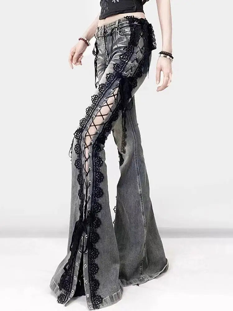 Low Rise Laced Split Bootcut Hosen Frauen Jeans Tun Alte Sexy Dünne Aushöhlen Schlaghosen Retro Y2k Streetwear Ästhetik