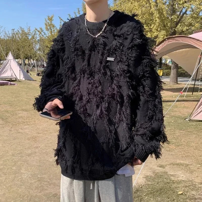 Winter Herren Ripped Fringe Raw Edge Pullover Hip Hop Mode Strickwaren Pullover Y2K Vintage Streetwear Gestrickte Jersey Kleidung