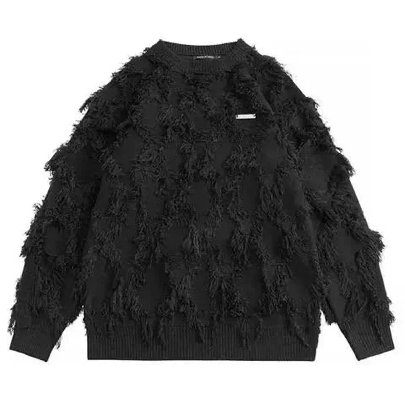 Winter Herren Ripped Fringe Raw Edge Pullover Hip Hop Mode Strickwaren Pullover Y2K Vintage Streetwear Gestrickte Jersey Kleidung