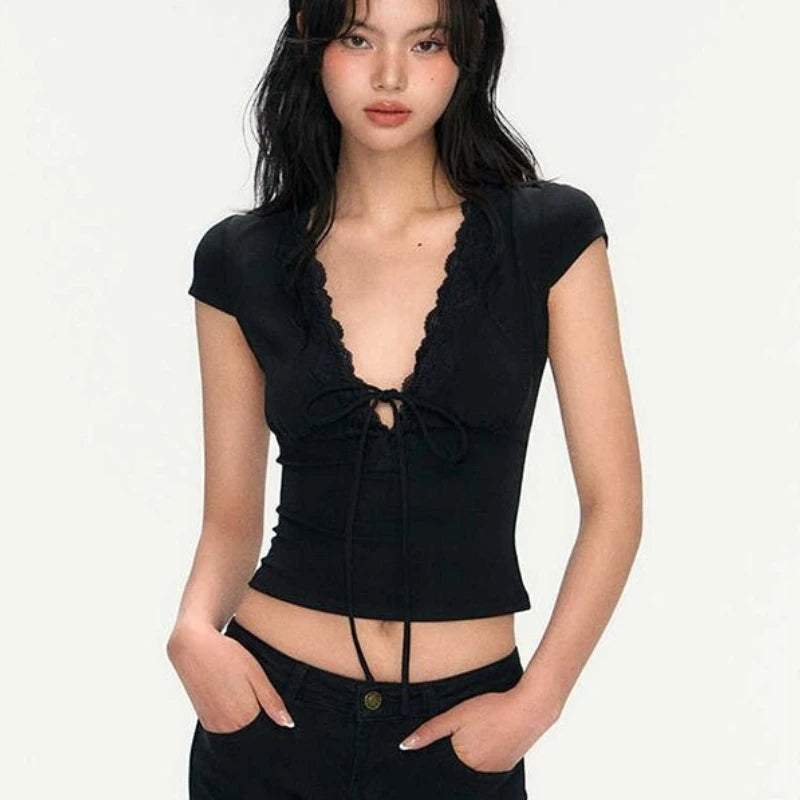 Y2K Französisches Spitzenbesatz-T-Shirt für Damen, Kurzarm, Tiefer V-Ausschnitt, Crop-Top mit Schnürung, Vintage Casual Slim Fit Tee, Streetwear T-Shirt
