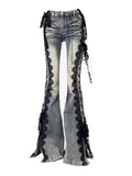 Low Rise Laced Split Bootcut Hosen Frauen Jeans Tun Alte Sexy Dünne Aushöhlen Schlaghosen Retro Y2k Streetwear Ästhetik