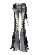 Low Rise Laced Split Bootcut Hosen Frauen Jeans Tun Alte Sexy Dünne Aushöhlen Schlaghosen Retro Y2k Streetwear Ästhetik