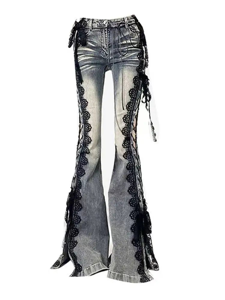 Low Rise Laced Split Bootcut Hosen Frauen Jeans Tun Alte Sexy Dünne Aushöhlen Schlaghosen Retro Y2k Streetwear Ästhetik
