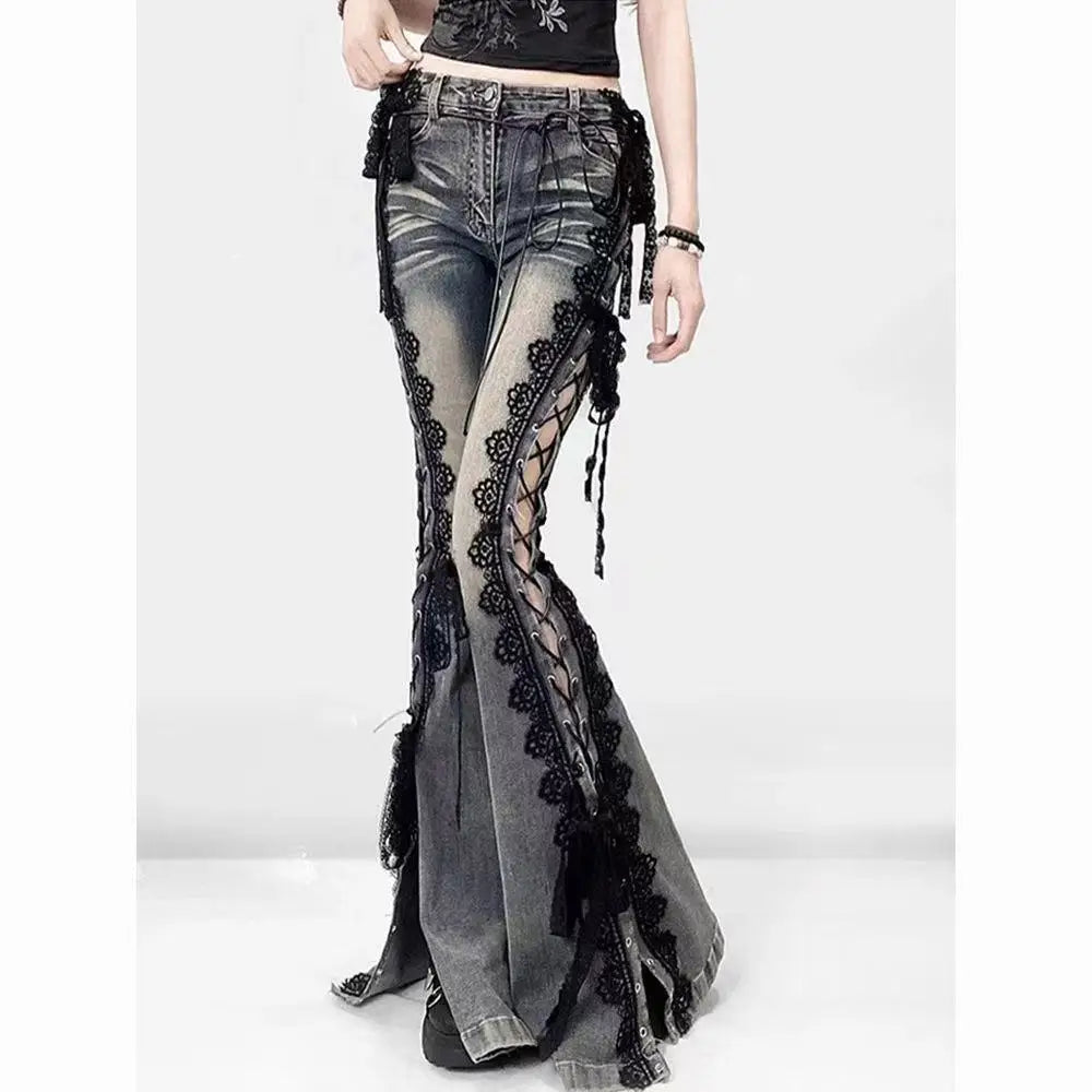 Low Rise Laced Split Bootcut Hosen Frauen Jeans Tun Alte Sexy Dünne Aushöhlen Schlaghosen Retro Y2k Streetwear Ästhetik