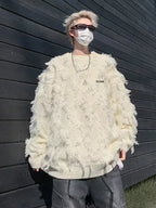 Winter Herren Ripped Fringe Raw Edge Pullover Hip Hop Mode Strickwaren Pullover Y2K Vintage Streetwear Gestrickte Jersey Kleidung