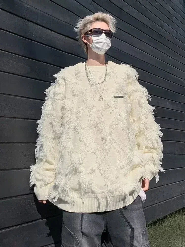 Winter Herren Ripped Fringe Raw Edge Pullover Hip Hop Mode Strickwaren Pullover Y2K Vintage Streetwear Gestrickte Jersey Kleidung