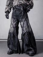 Herren Y2K Baggy Flare Jeans im Harajuku Japanischen 2000er-Stil, Patchwork-Denim-Hose, Vintage Oversize Cargo Jeans
