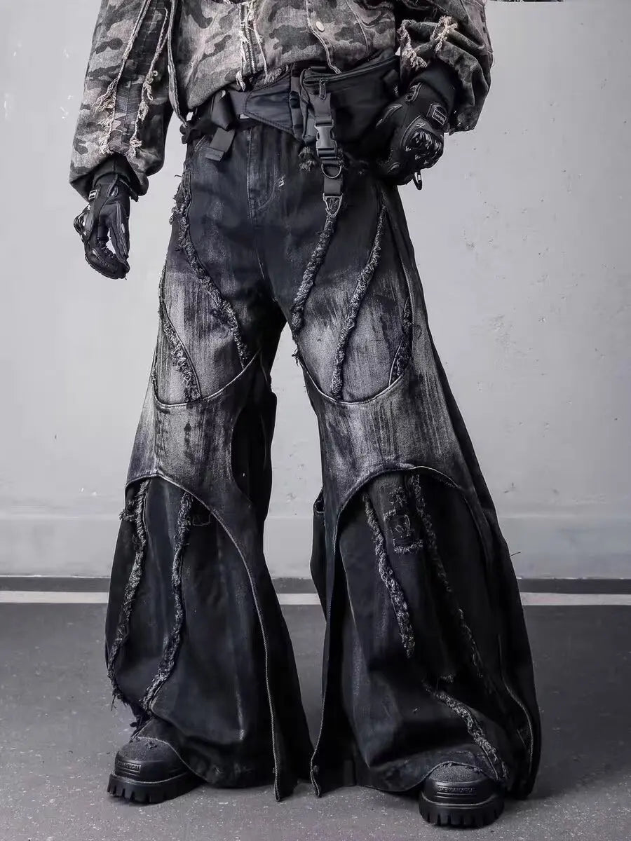 Herren Y2K Baggy Flare Jeans im Harajuku Japanischen 2000er-Stil, Patchwork-Denim-Hose, Vintage Oversize Cargo Jeans