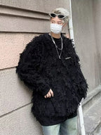 Winter Herren Ripped Fringe Raw Edge Pullover Hip Hop Mode Strickwaren Pullover Y2K Vintage Streetwear Gestrickte Jersey Kleidung