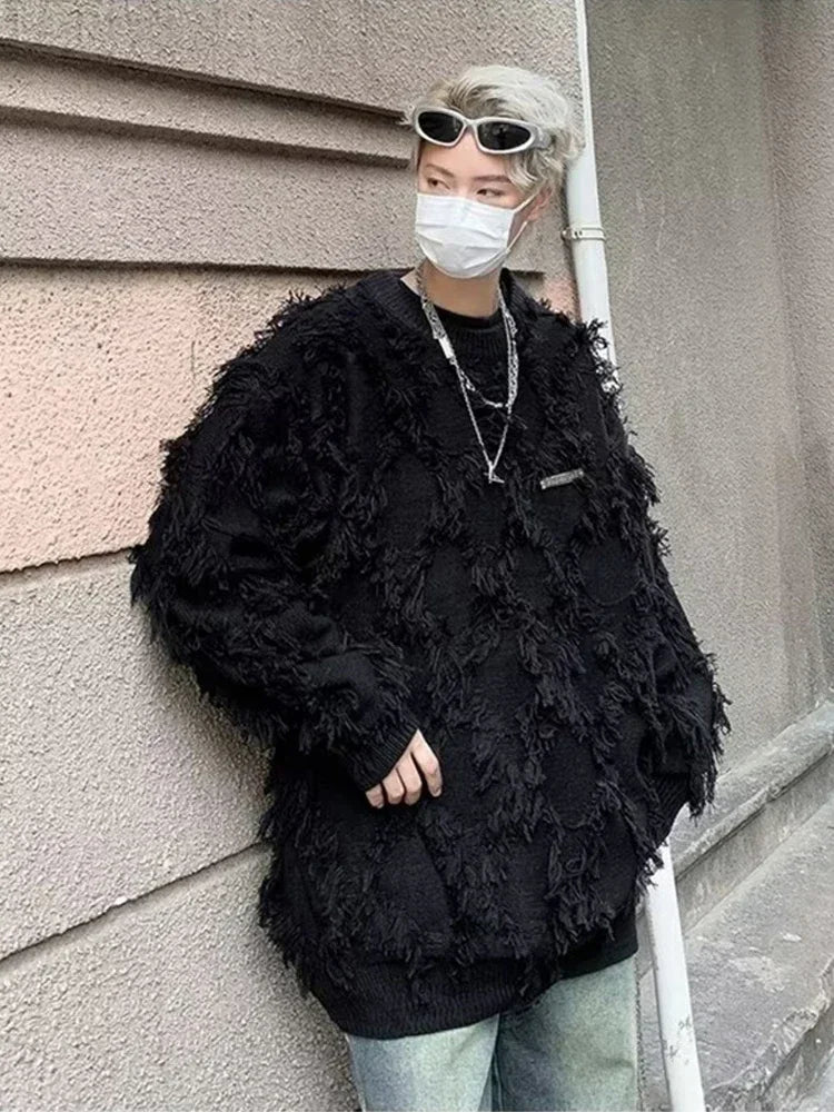 Winter Herren Ripped Fringe Raw Edge Pullover Hip Hop Mode Strickwaren Pullover Y2K Vintage Streetwear Gestrickte Jersey Kleidung