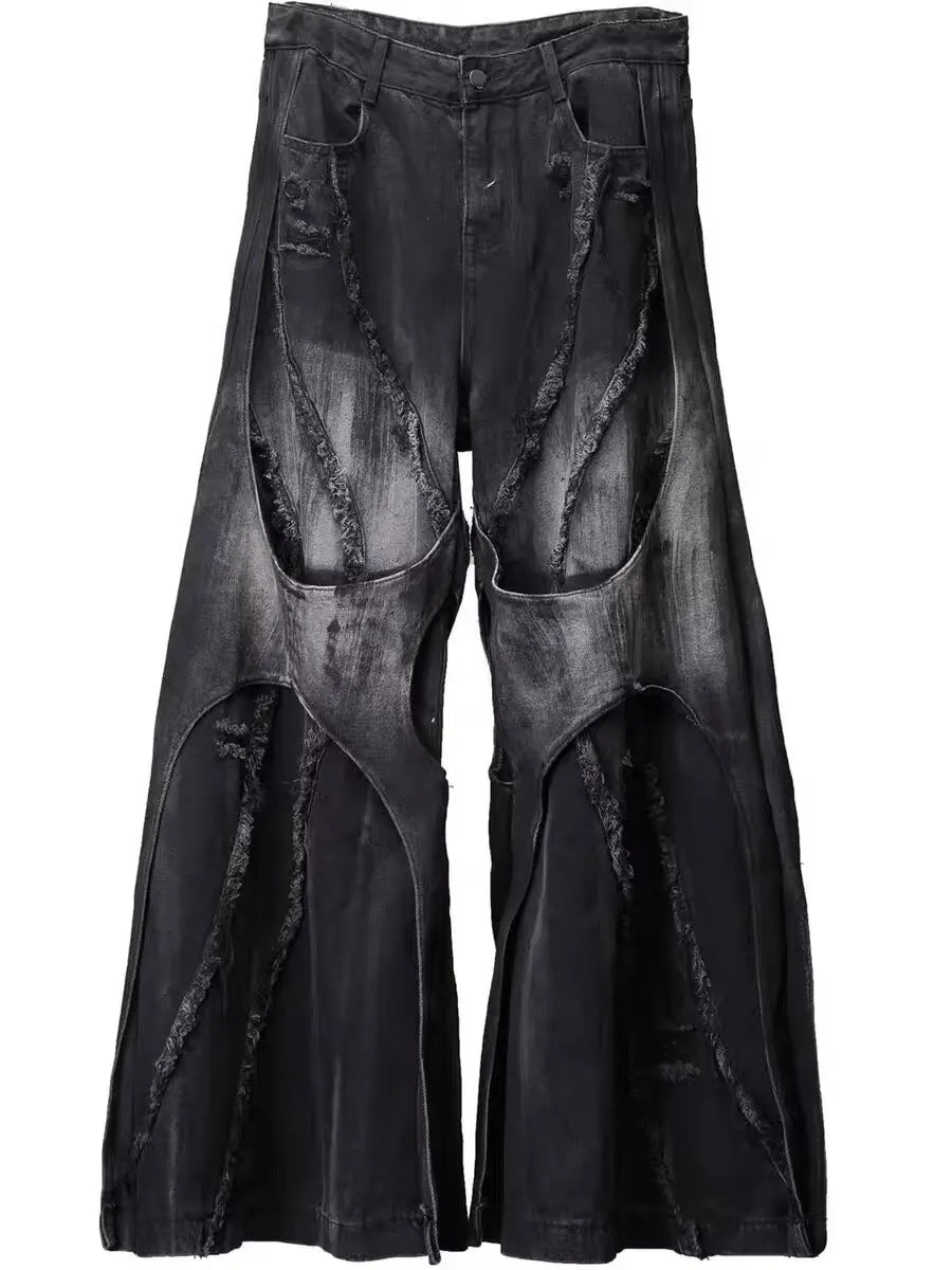Herren Y2K Baggy Flare Jeans im Harajuku Japanischen 2000er-Stil, Patchwork-Denim-Hose, Vintage Oversize Cargo Jeans