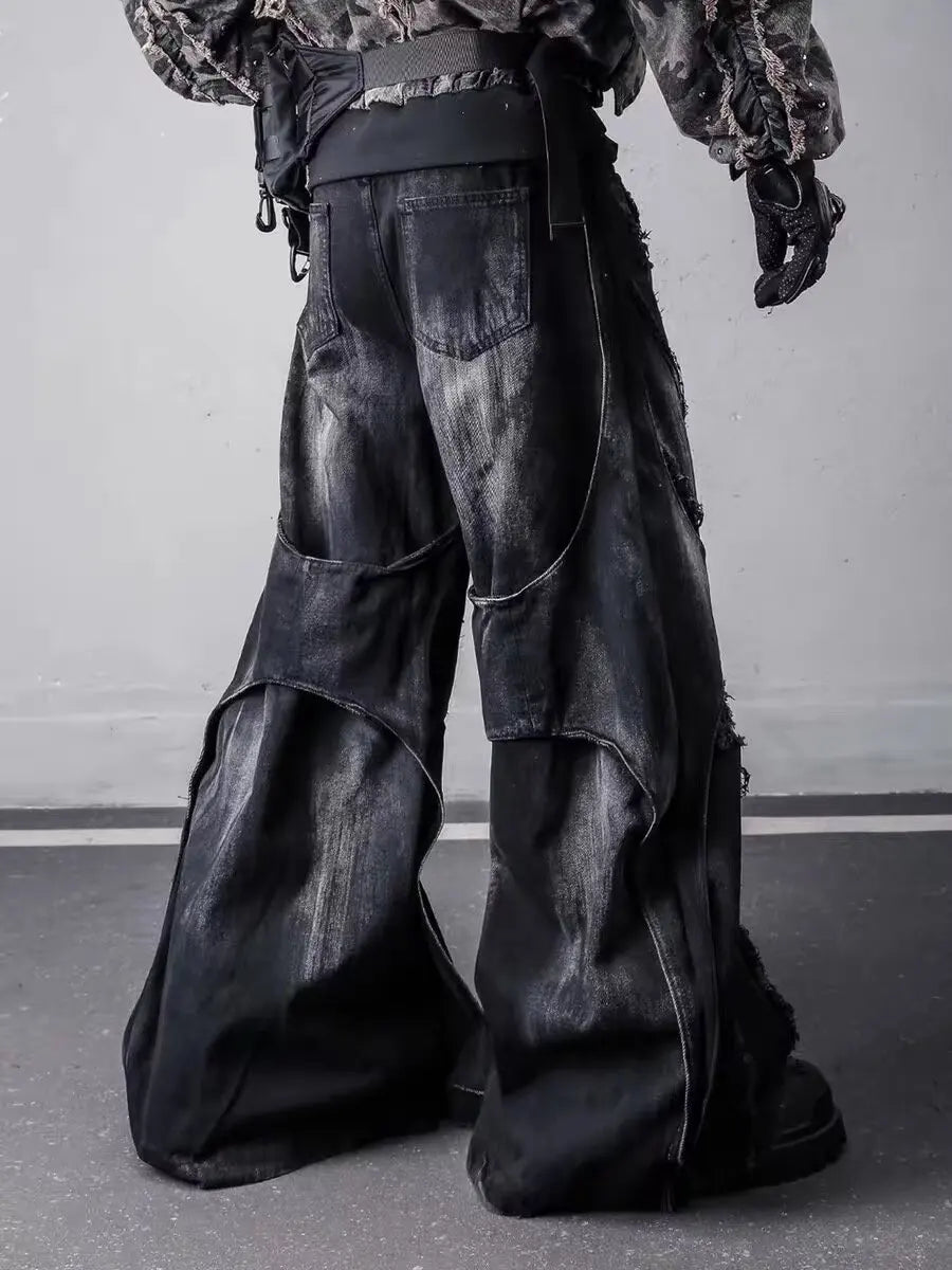 Herren Y2K Baggy Flare Jeans im Harajuku Japanischen 2000er-Stil, Patchwork-Denim-Hose, Vintage Oversize Cargo Jeans