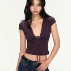Y2K Französisches Spitzenbesatz-T-Shirt für Damen, Kurzarm, Tiefer V-Ausschnitt, Crop-Top mit Schnürung, Vintage Casual Slim Fit Tee, Streetwear T-Shirt