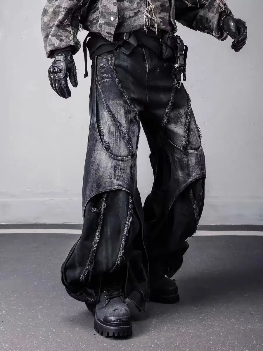 Herren Y2K Baggy Flare Jeans im Harajuku Japanischen 2000er-Stil, Patchwork-Denim-Hose, Vintage Oversize Cargo Jeans